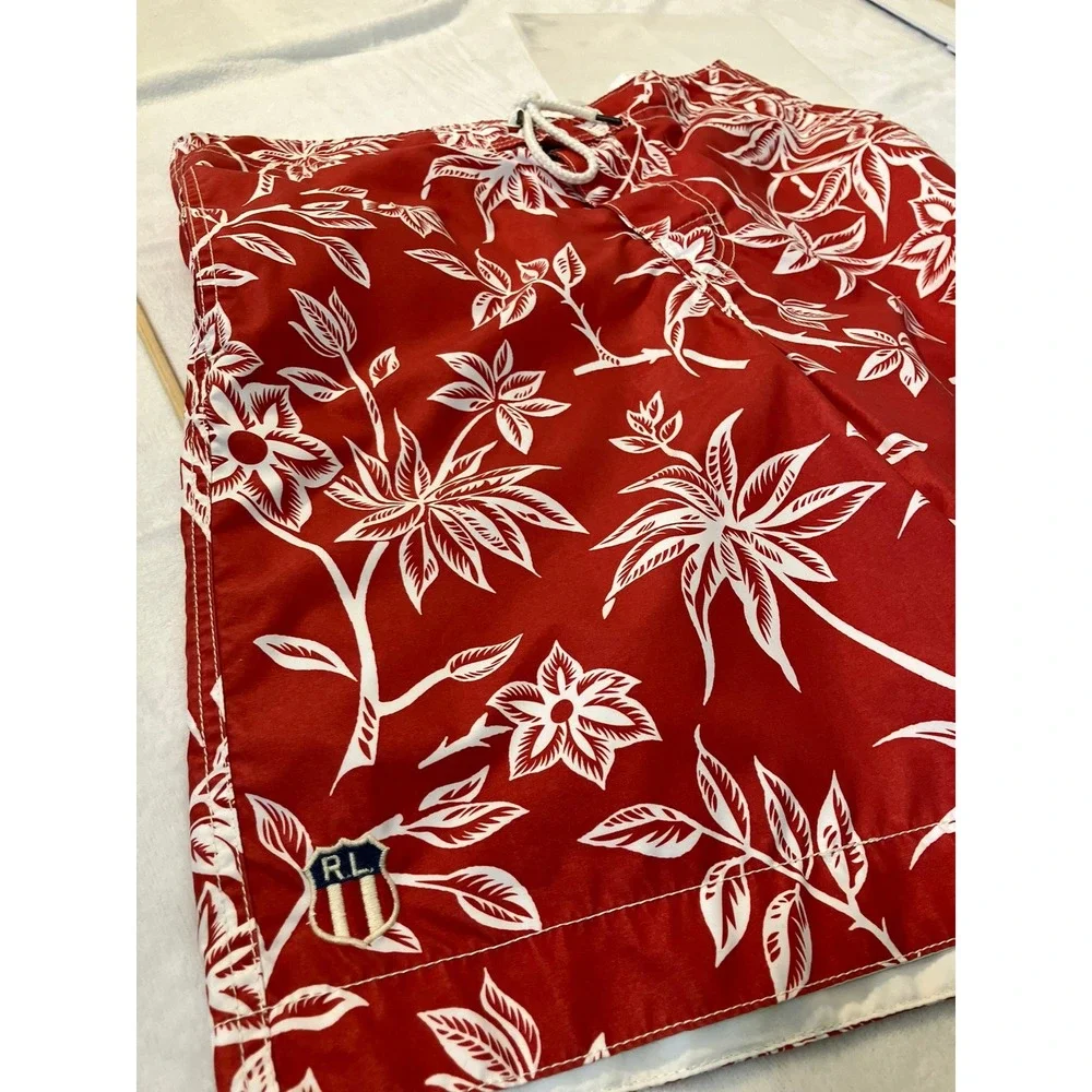 Polo Jeans Co Ralph Lauren Mens Red White Tropical Floral Board Shorts Size L